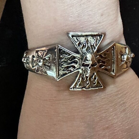 Maltese Cross Skull Cuff Bracelet  womans Biker Silver Rock Punk Motorcycle - Picture 1 of 6